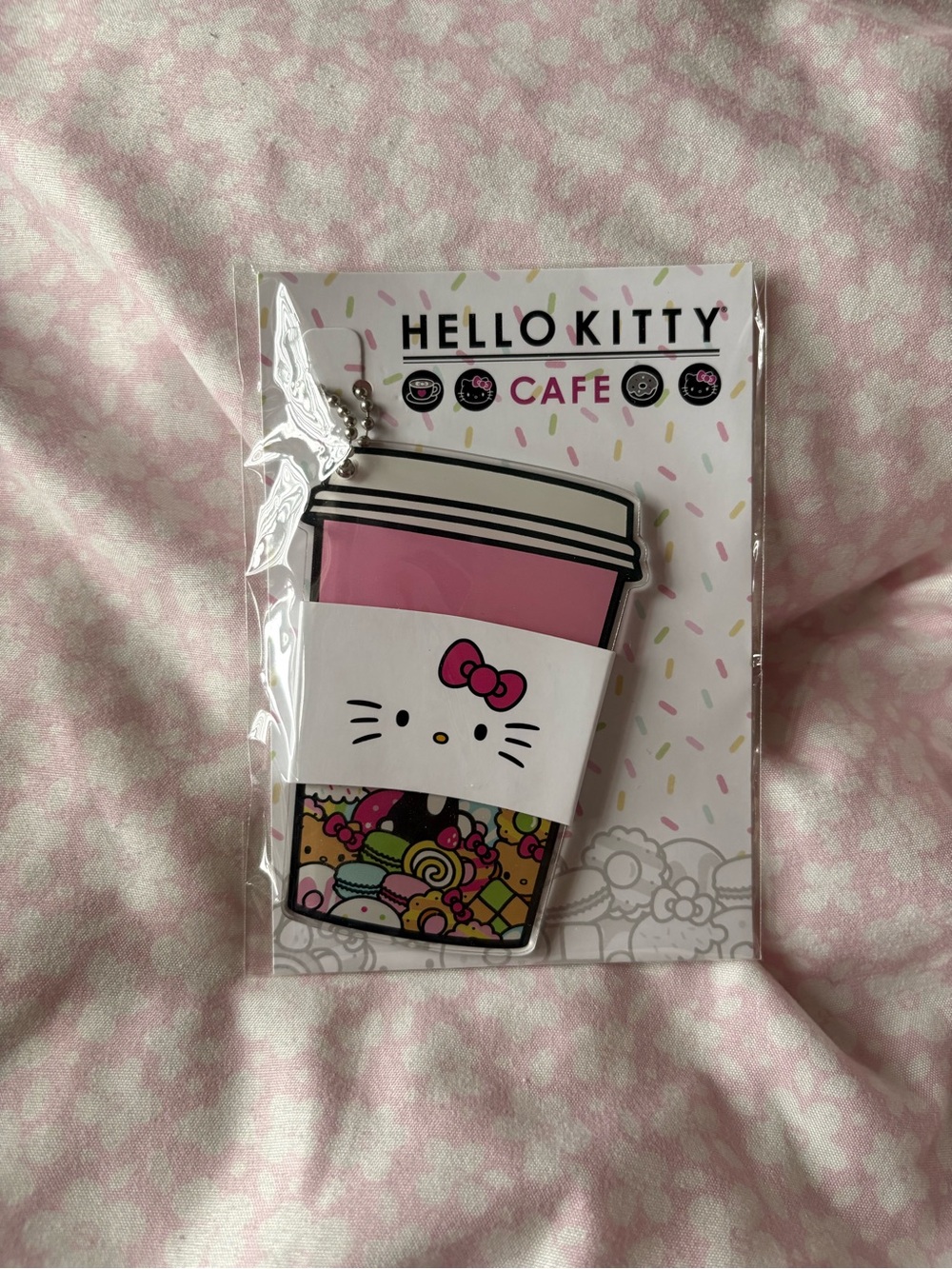 Hello Kitty Pink Coffee Cup Keychain with Colorful Pattern
